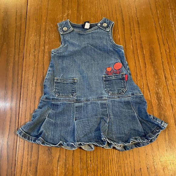 GAP Other - Retro GAP Stretch Toddler Denim Jumper Dress Embroidered Flowers Blue